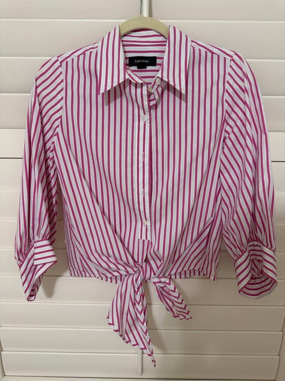 Karen Kane Pink and White Striped Tie-Front Button Down Shirt